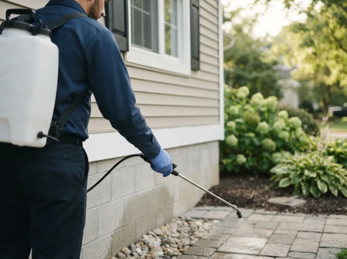 Pest control technician inspecting a home in Pelican Lake, WI